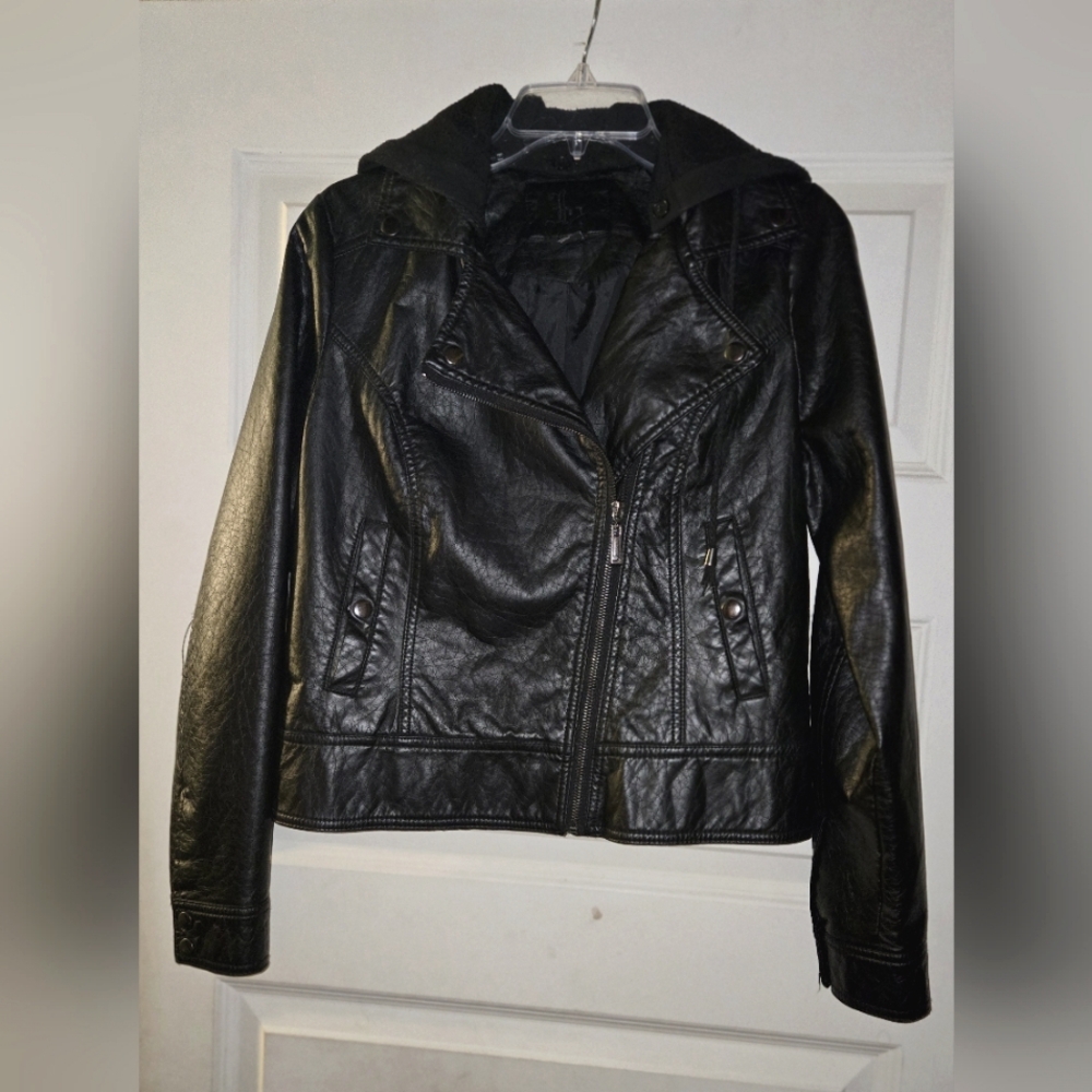Black Moto Jacket with removable hood (NOT leather)  -medium